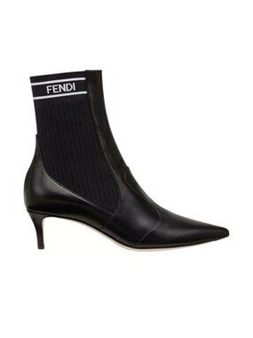 Fendi‎ Rockoko Black Leather Boots Stretch FF Logo Ankle Kitten Heel EU 36.5